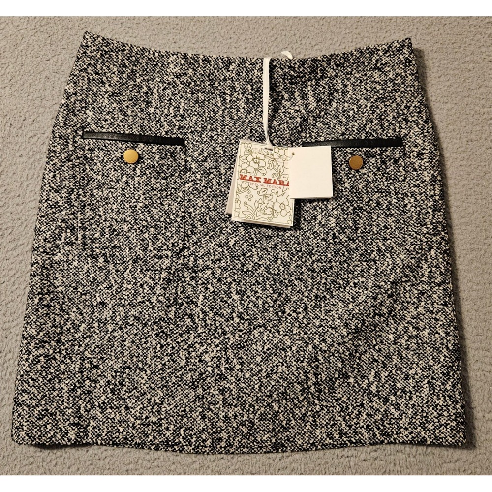 Max‎ Mara Cosa Skirt Black White Tweed Virgin Wool Blend Italy Size 12 NWT $675